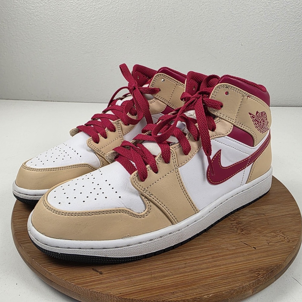 Air Jordan 1 Mid Shoes Mens Size 10.5 Tan Red White Leather Sneakers 554724-201 - Picture 3 of 16